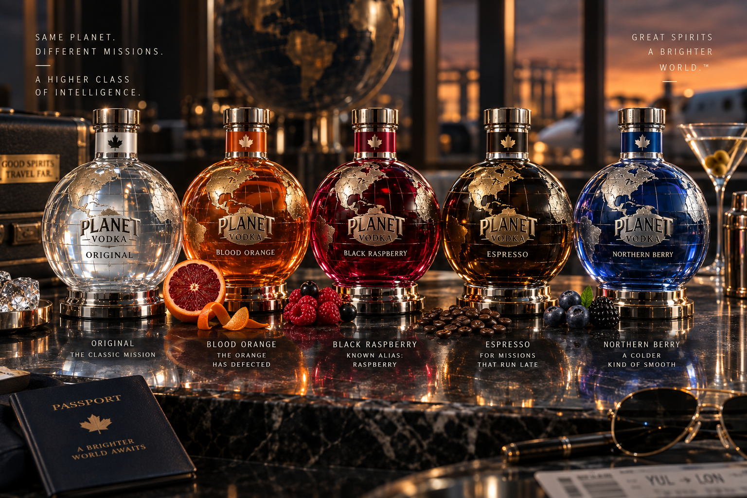 The five Planet Vodka globe decanters: Original, Blood Orange, Black Raspberry, Espresso and Northern Berry