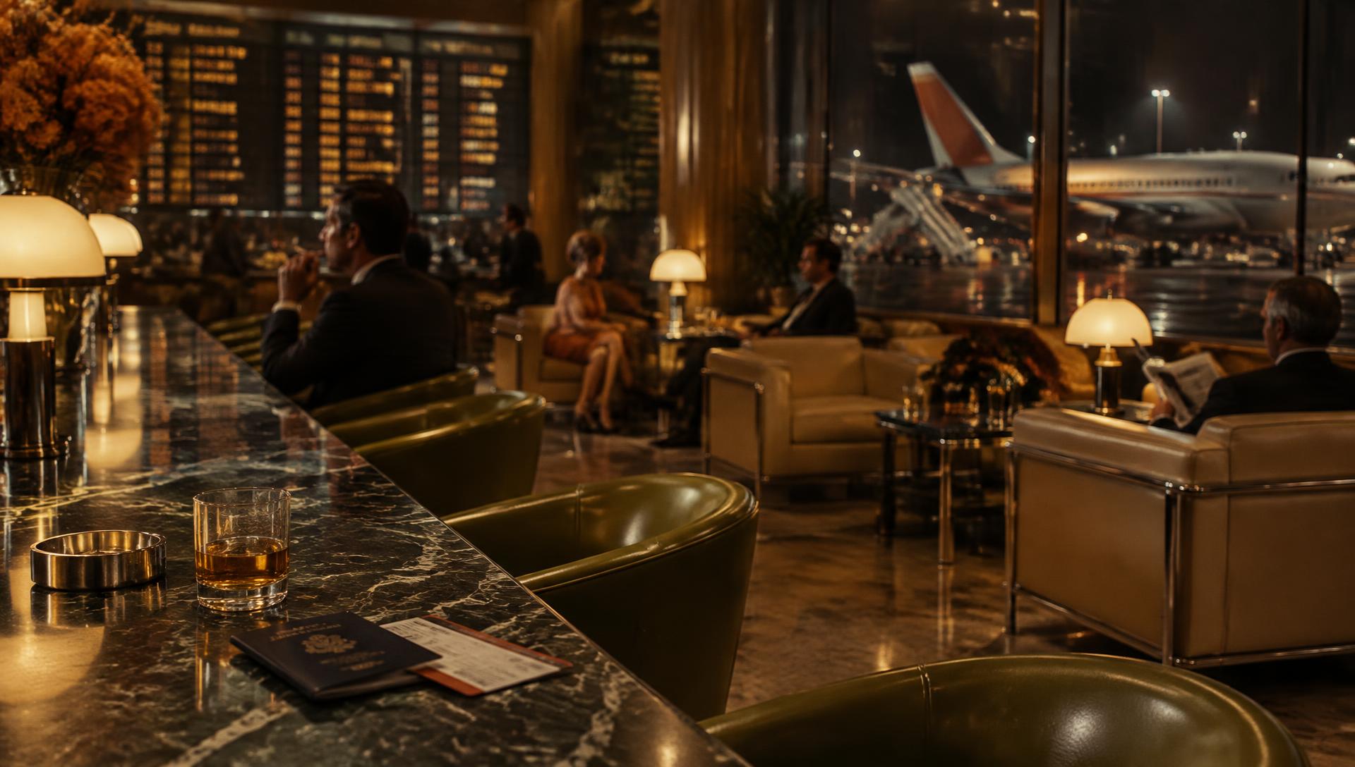 A jet-age airport lounge at night