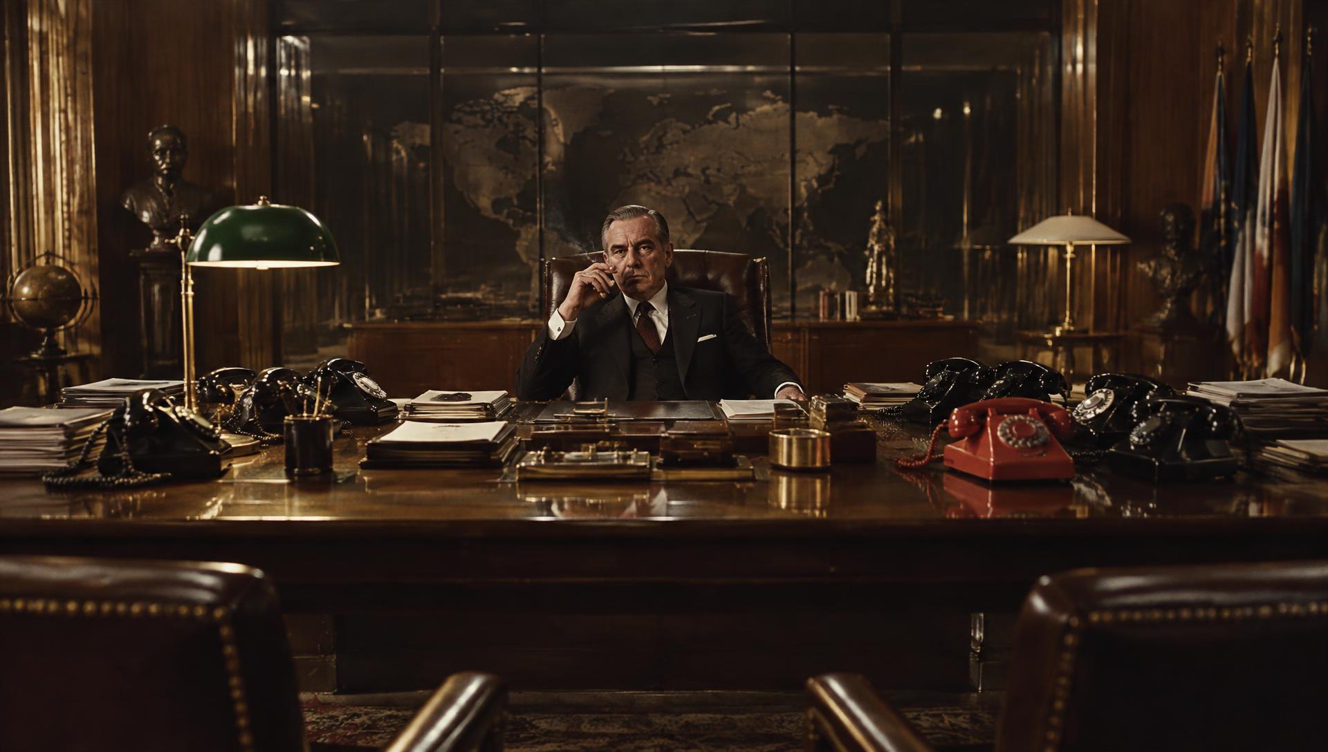 The Director behind an enormous desk of rotary telephones